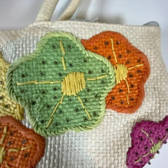 Floral Woven Women's  Embroidered Floral Accents Cream Straw Shoulder Bag - Picture 5 of 8